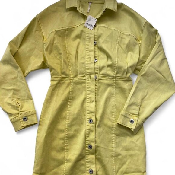 Free People Tender Yellow Amber Denim Button Mini Jean Dress with TAGS, Size 4 - Picture 2 of 4